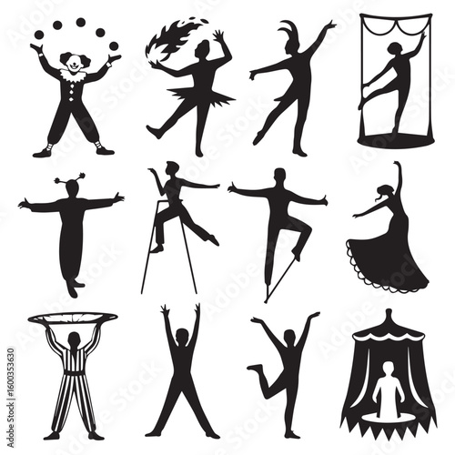 Vector art of a vibrant assortment of circus performers showcasing their diverse talents and artistic expressions