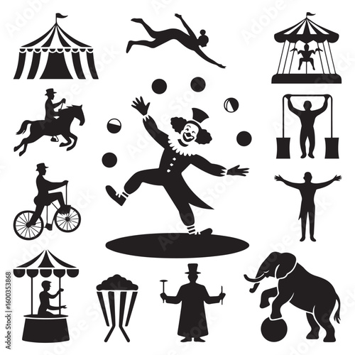 Vector art of a vibrant collection of circus performers and attractions, including a clown and an elephant