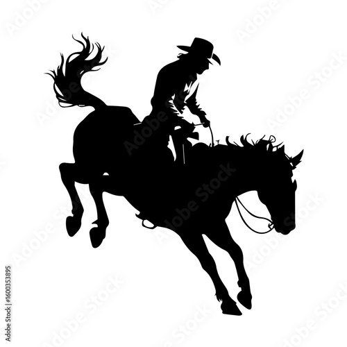 Vector silhouette illustration of a rodeo bucking bronco and rider isolated on white