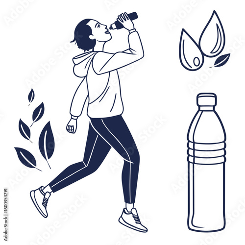 Athletic person drinking water from bottle with leaves and water drops water bottle