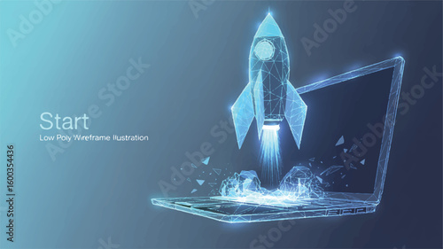 Digital Launch: A rocket erupts from a laptop screen, symbolizing innovative growth, idea generation, and digital start-up.