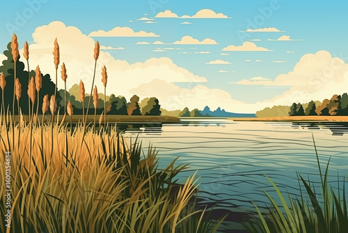 Reed grass on the marsh and lake. Illustration of tall cattails.