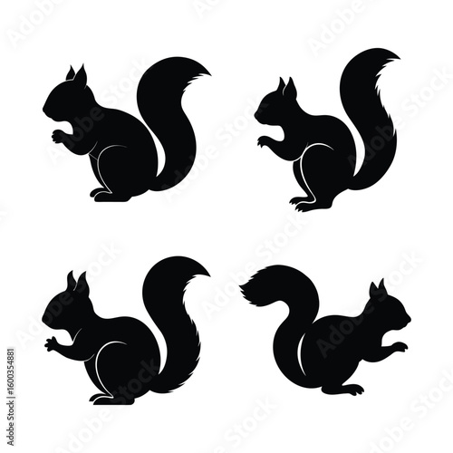 Squirrel Icon Set – Black Silhouette Vector Illustrations of Forest Squirrels for Wildlife, Nature, and Autumn Design