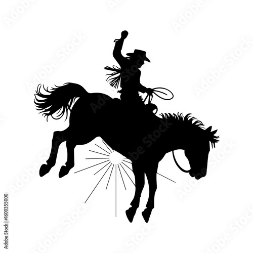 Vector silhouette illustration of a rodeo bucking bronco and rider isolated on white