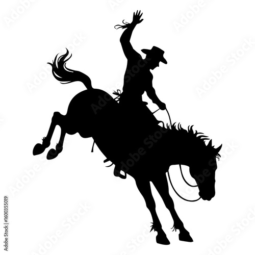 Vector silhouette illustration of a rodeo bucking bronco and rider isolated on white