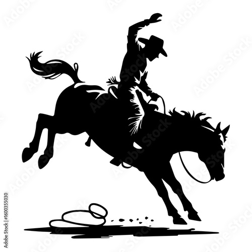 Vector silhouette illustration of a rodeo bucking bronco and rider isolated on white