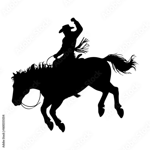 Vector silhouette illustration of a rodeo bucking bronco and rider isolated on white