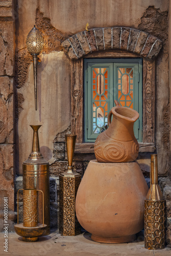 Beautifully crafted clay pots are positioned in front of a window
