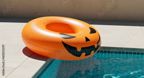 Inflatable pumpkin pool float beside swimming pool on sunny day  Summerween