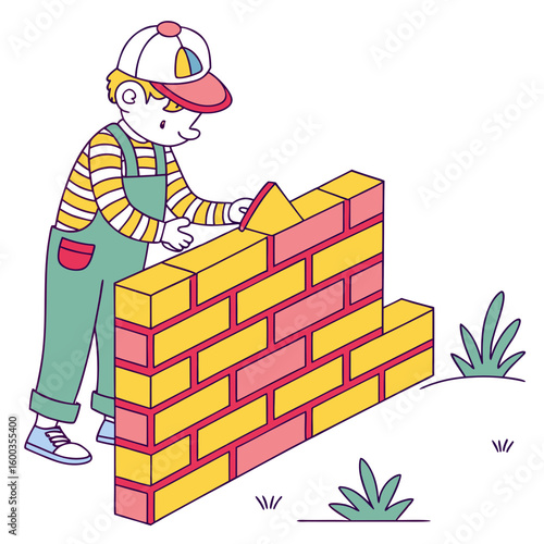Boy building colorful brick wall with trowel construction bricklaying