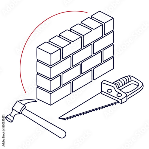 Brick wall construction with hammer and saw building tools