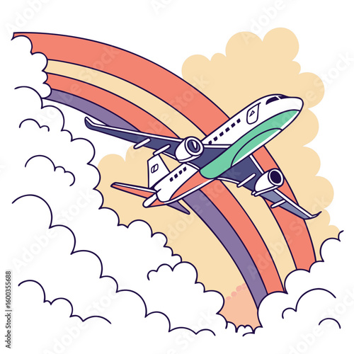 Airplane flying through colorful clouds rainbow travel