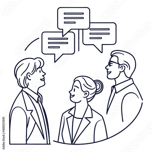 Business professionals discussing ideas with speech bubbles team meeting