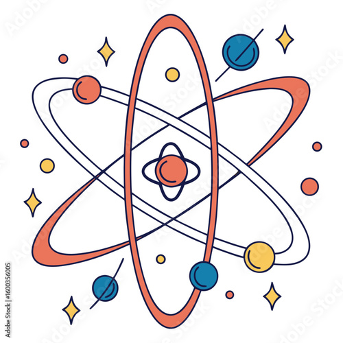 Atomic structure with orbiting particles and stars