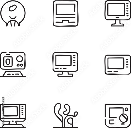 Retro computer monitor vector icon set doodle style,hand drawn,pixelated old pc,vintage display,analog screen,television,obsolete technology,gaming,television,tube,computer icon set