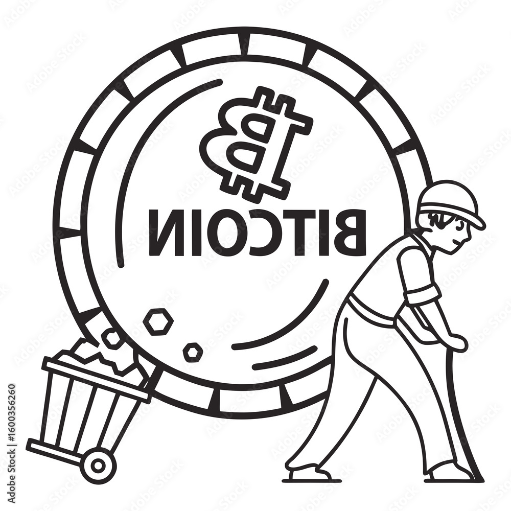 Fototapeta premium Bitcoin miner with cart and symbol cryptocurrency mining