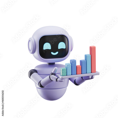 Friendly robot assistant cheerfully presents positive growth chart data, perfect for tech innovation and business success.