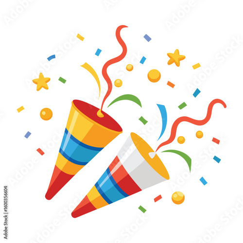 A dynamic pair of party poppers, bursting with colorful confetti, symbolizing excitement and celebratory joy.