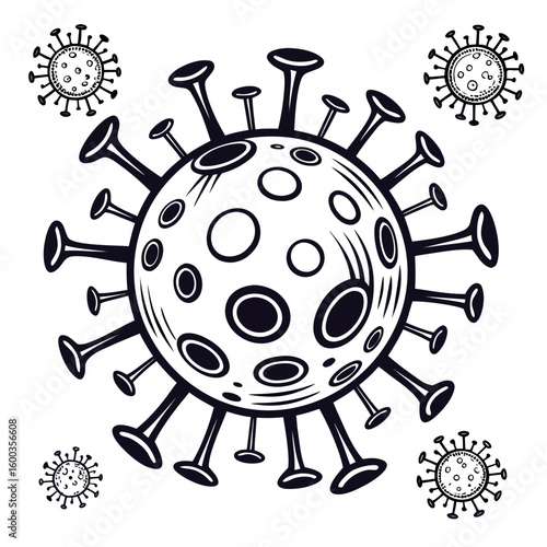Black virus microbe icons with spikes and circles biology