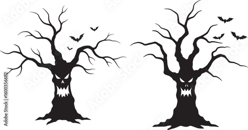 Spooky halloween trees with scary faces and bats silhouette