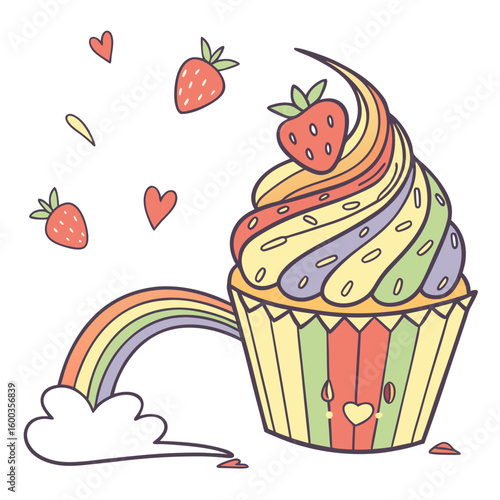Colorful cupcake with rainbow frosting and strawberries strawberry hearts