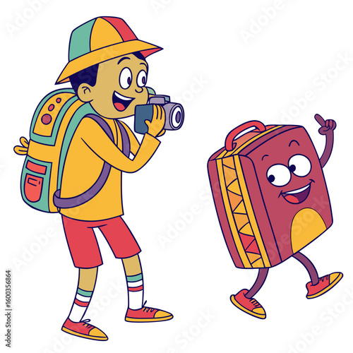 Boy with backpack taking photo of walking suitcase