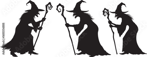 Three witches in silhouette holding staffs