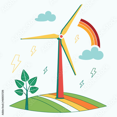 Colorful wind turbine generating clean energy with lightning and rainbow renewable energy