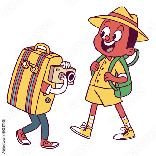Cartoon tourist with backpack and camera suitcase travel