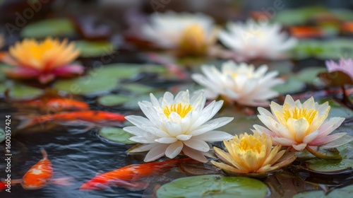 Vibrant water lilies and fish