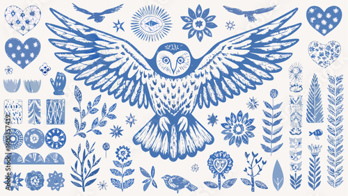 Illustration of an owl with outstretched wings surrounded by floral and celestial elements in blue ink style silhouette