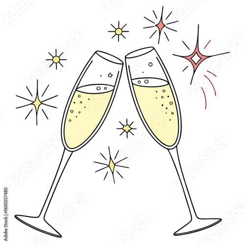 Champagne glasses clinking with sparkling stars celebration