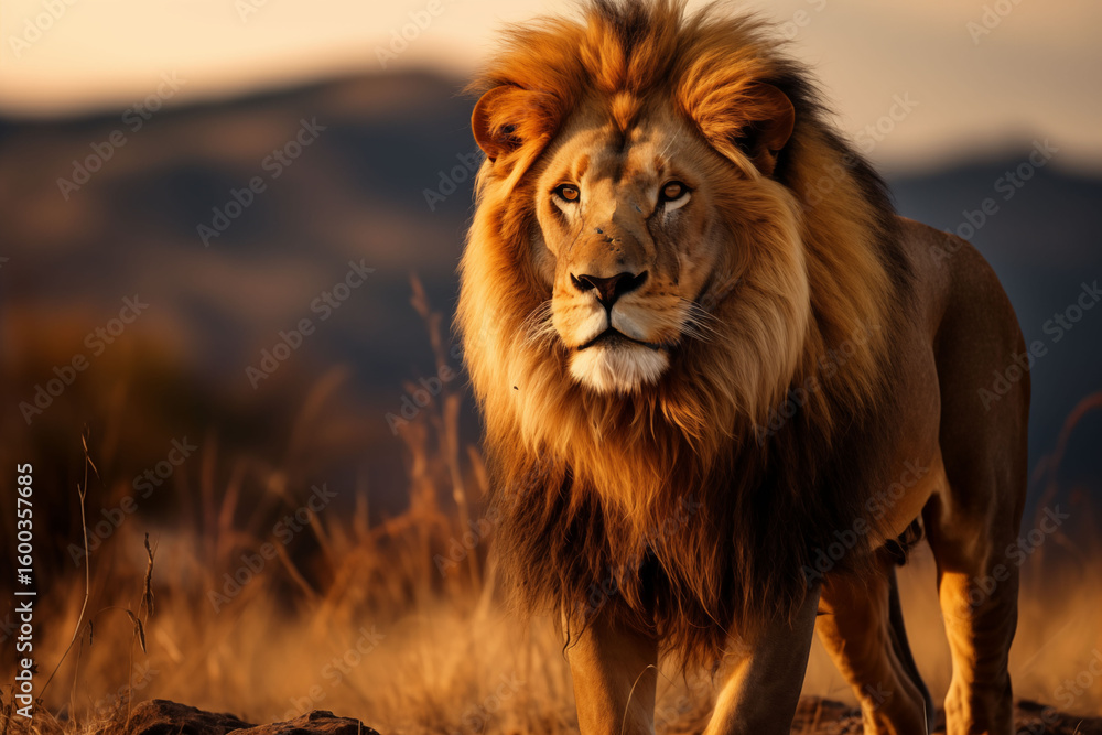 Obraz premium The king of the jungle with the golden mane stares fiercely.