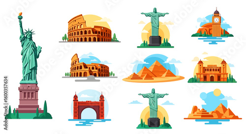 Vector set of travel landmark icons: an illustrated collection of famous city architecture, monuments, and cultural symbols from Paris, India, Moscow, and beyond