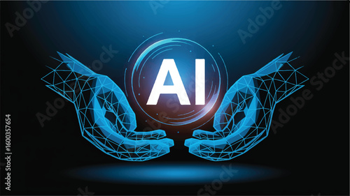 AI in Hand: A digital representation of two hands cradling the letters AI, illuminated with vibrant light against a dark blue background.