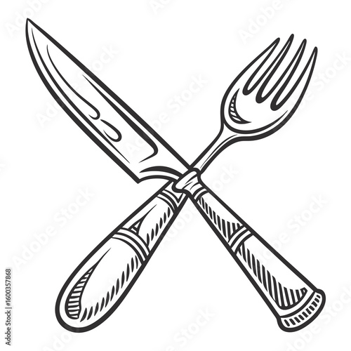 Crossed knife and fork sketch dining utensil cutlery restaurant