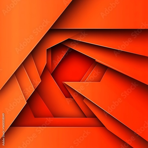 An abstract geometric design features layered orange and red shapes