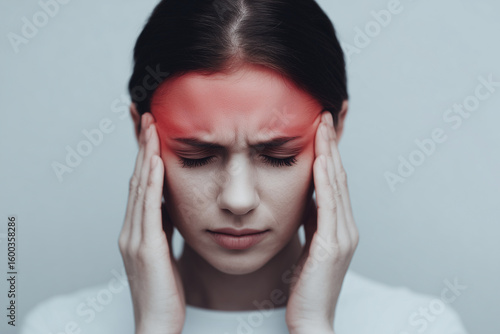 Visual representation of a severe headache or migraine episode — depicting throbbing pain, pressure at the temples, and neurological discomfort with associated symptoms like nausea, light sensitivity