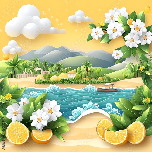 A beautiful beach landscape with a clear ocean and flowers