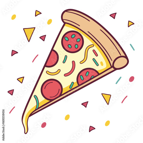 Colorful pizza slice with pepperoni and confetti cheese
