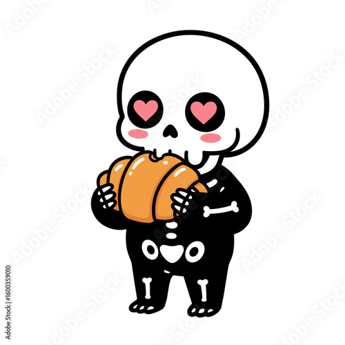 Cute skeleton eating croissant – design element for decorating coffee shops on Halloween 2025