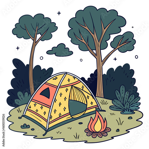 Colorful tent and campfire in forest camping trees