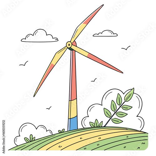 Colorful wind turbine generating clean energy in a field