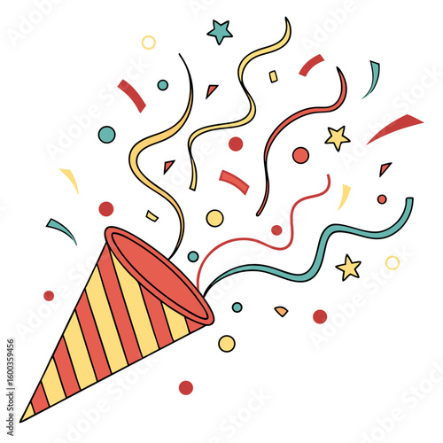 Festive explosion of colorful confetti streamers and stars party popper celebration