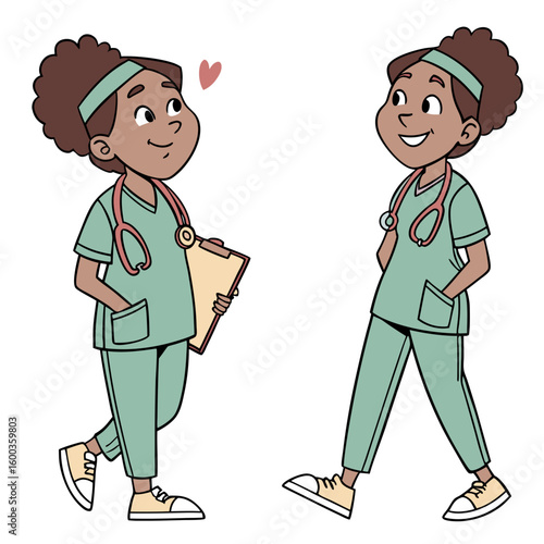 Friendly doctors in scrubs with stethoscope and clipboard nurse medical