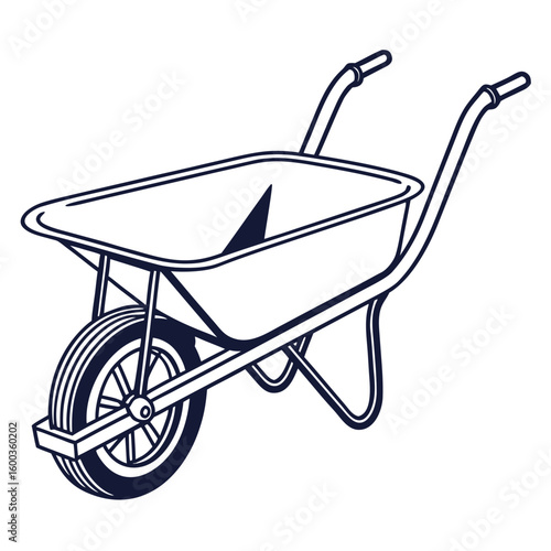 Dark blue wheelbarrow outline on white transport construction