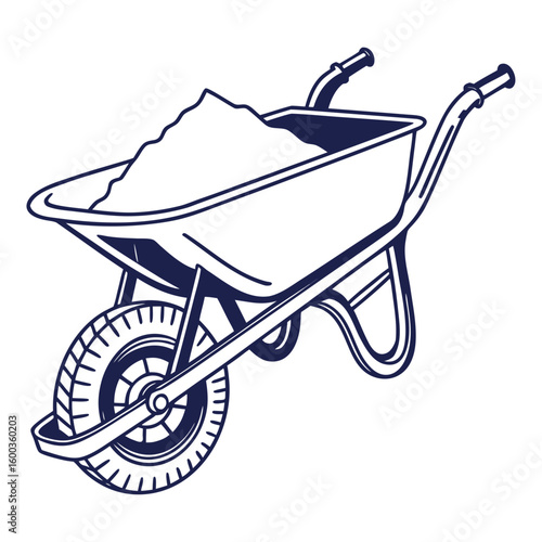 Dark blue wheelbarrow filled with dirt construction