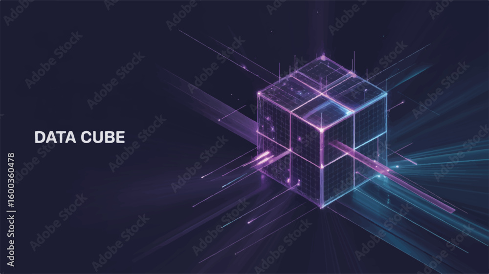 Fototapeta premium Data Cube in the Digital Realm: An abstract 3D representation of a data cube, rendered with futuristic lines and a dynamic interplay of light, epitomizes digital data.