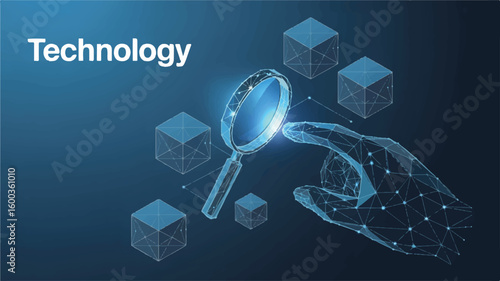 Futuristic Tech Examination: A digital hand, composed of interconnected points, focuses intently on a magnifying glass, amidst abstract crystalline cubes, over a dark blue digital environment.