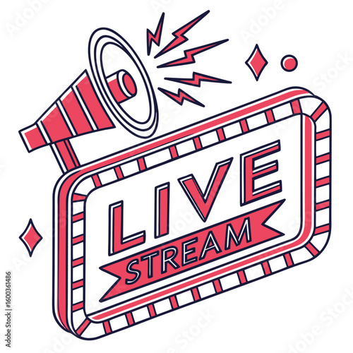 Live streaming announcement megaphone and neon sign broadcasting